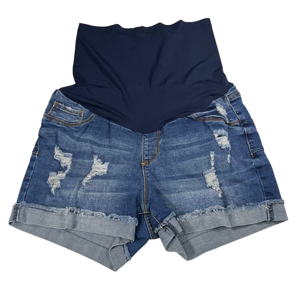 Song‎ Maternity Shorts Women Blue Distressed Frayed Hem Denim Size L